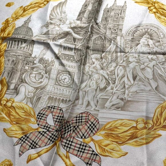 Vintage BURBERRYS Silk Scarf Red Gold Castle Angels & Nova Check Plaid Carre 90 - Picture 7 of 13
